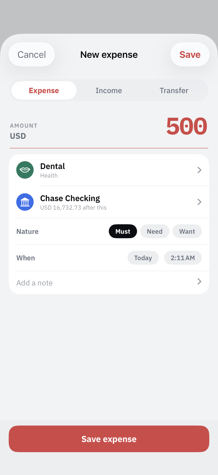 Pocketrak new expense sheet with amount, category, account and must, need or want fields