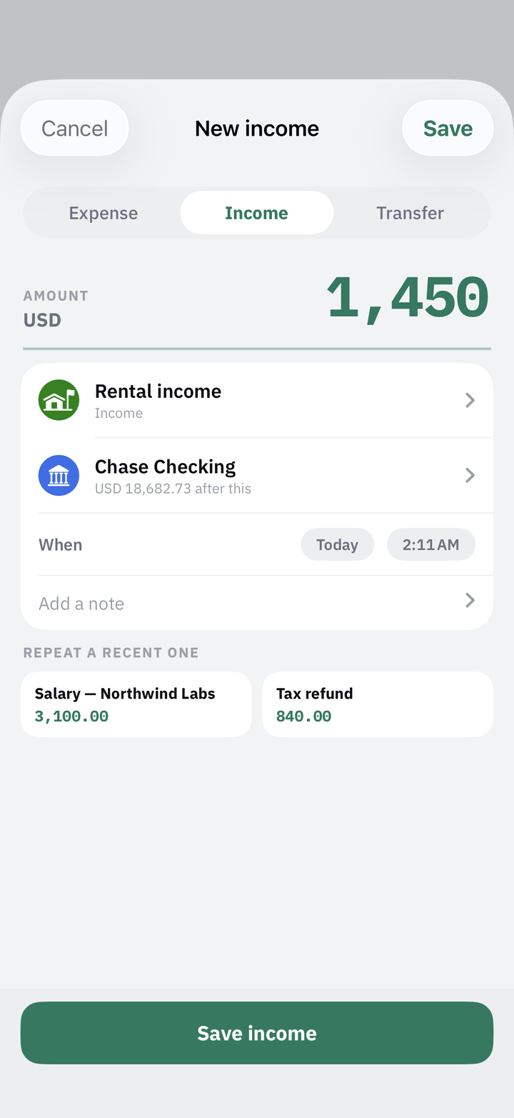 Pocketrak new income sheet with amount, category and account fields and recent incomes to repeat