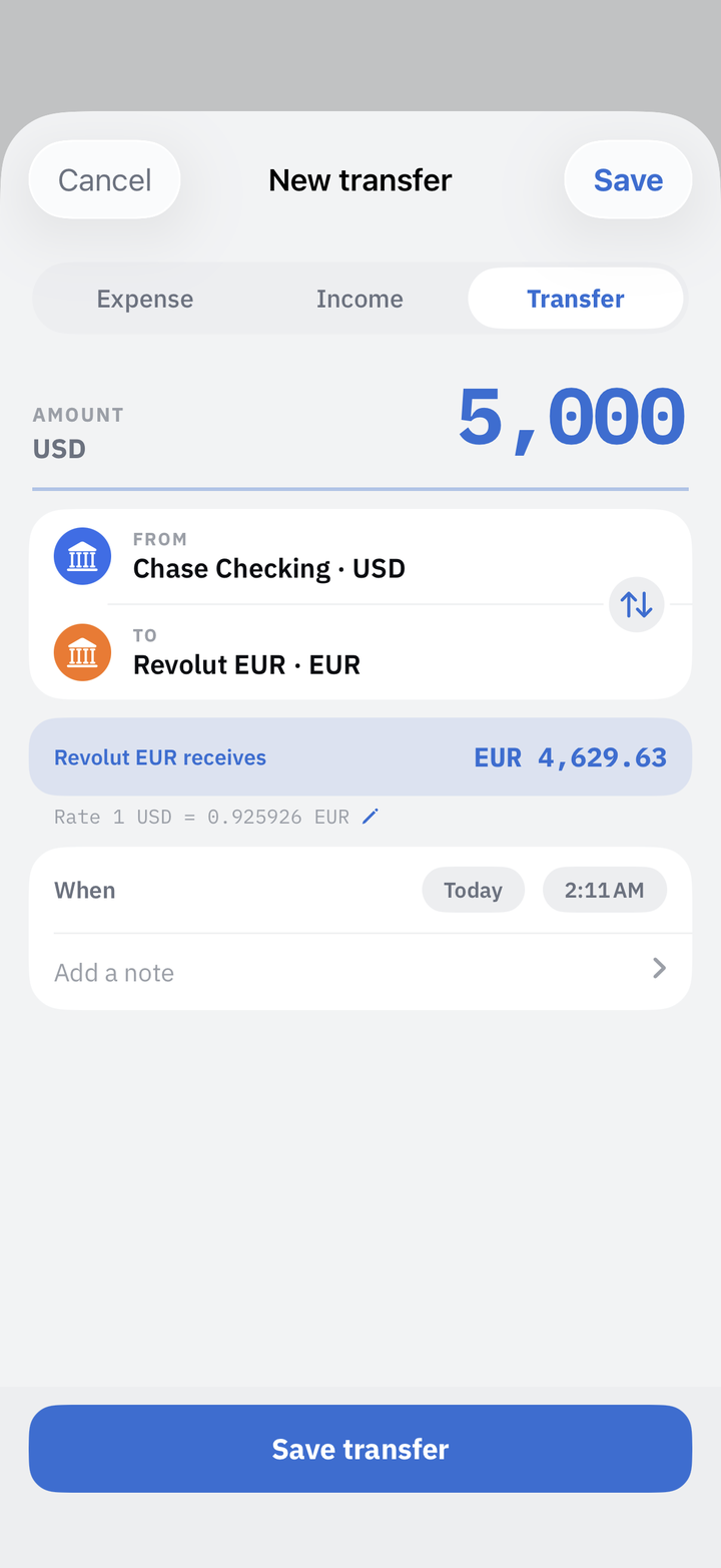 Pocketrak new transfer sheet moving USD from a checking account to a EUR account at a set exchange rate