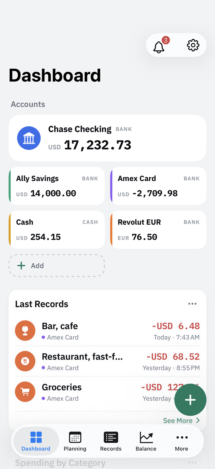 Pocketrak dashboard showing account balances and recent records