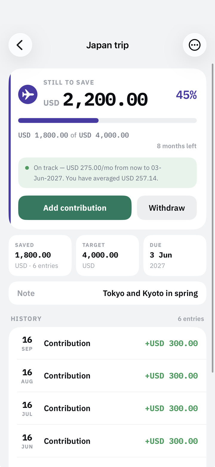 Pocketrak Japan trip goal showing the amount still to save and contribution history