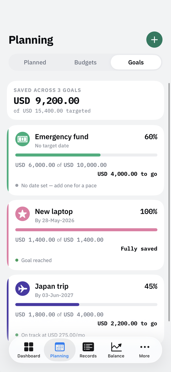 Pocketrak goals screen listing savings goals and their progress