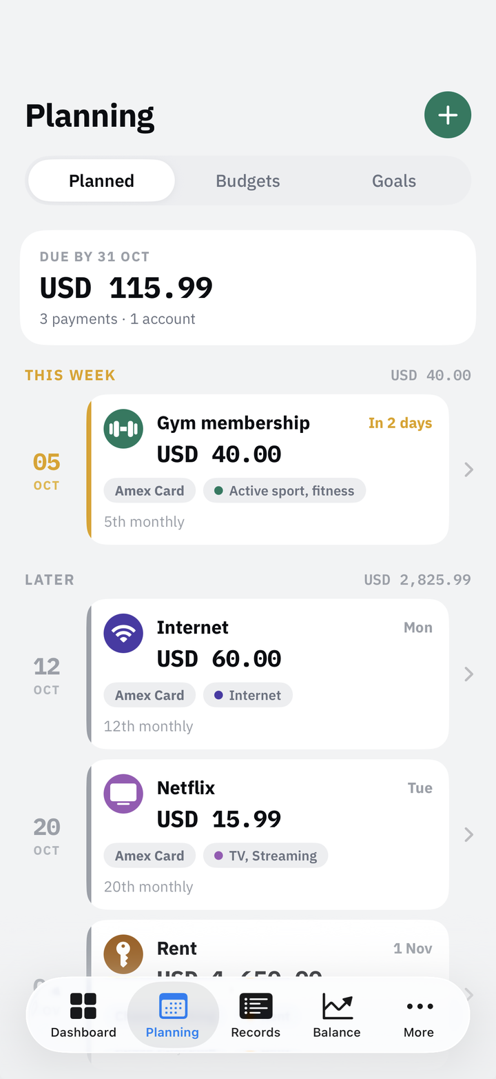 Pocketrak planning screen listing upcoming payments such as a gym membership, internet and Netflix