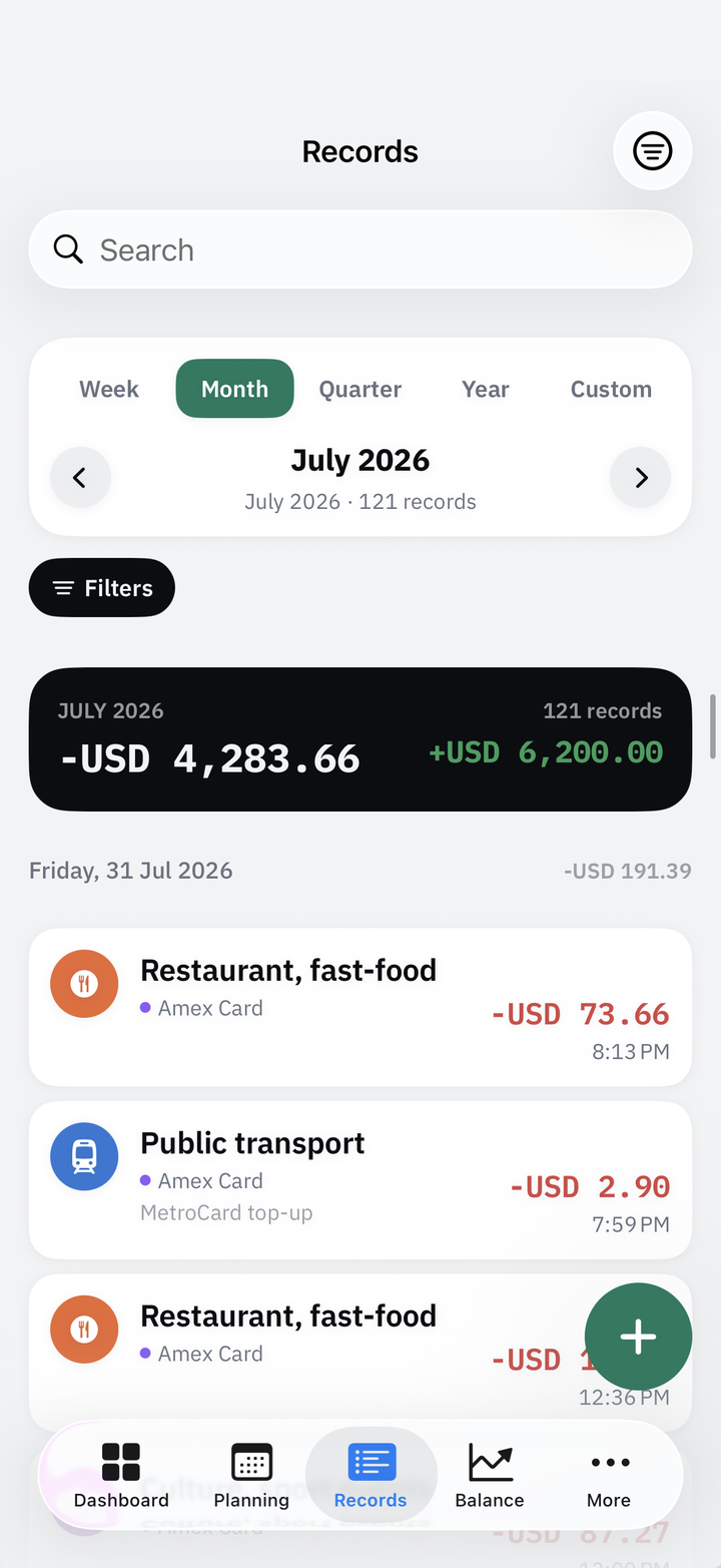 Pocketrak records screen showing a month of transactions with period filters and totals
